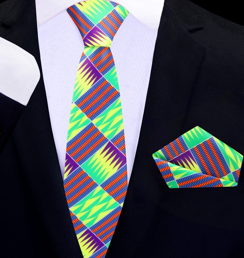 Thin Tie Yellow, Green, Blue, Red and Purple Abstract/Geometric Tie 