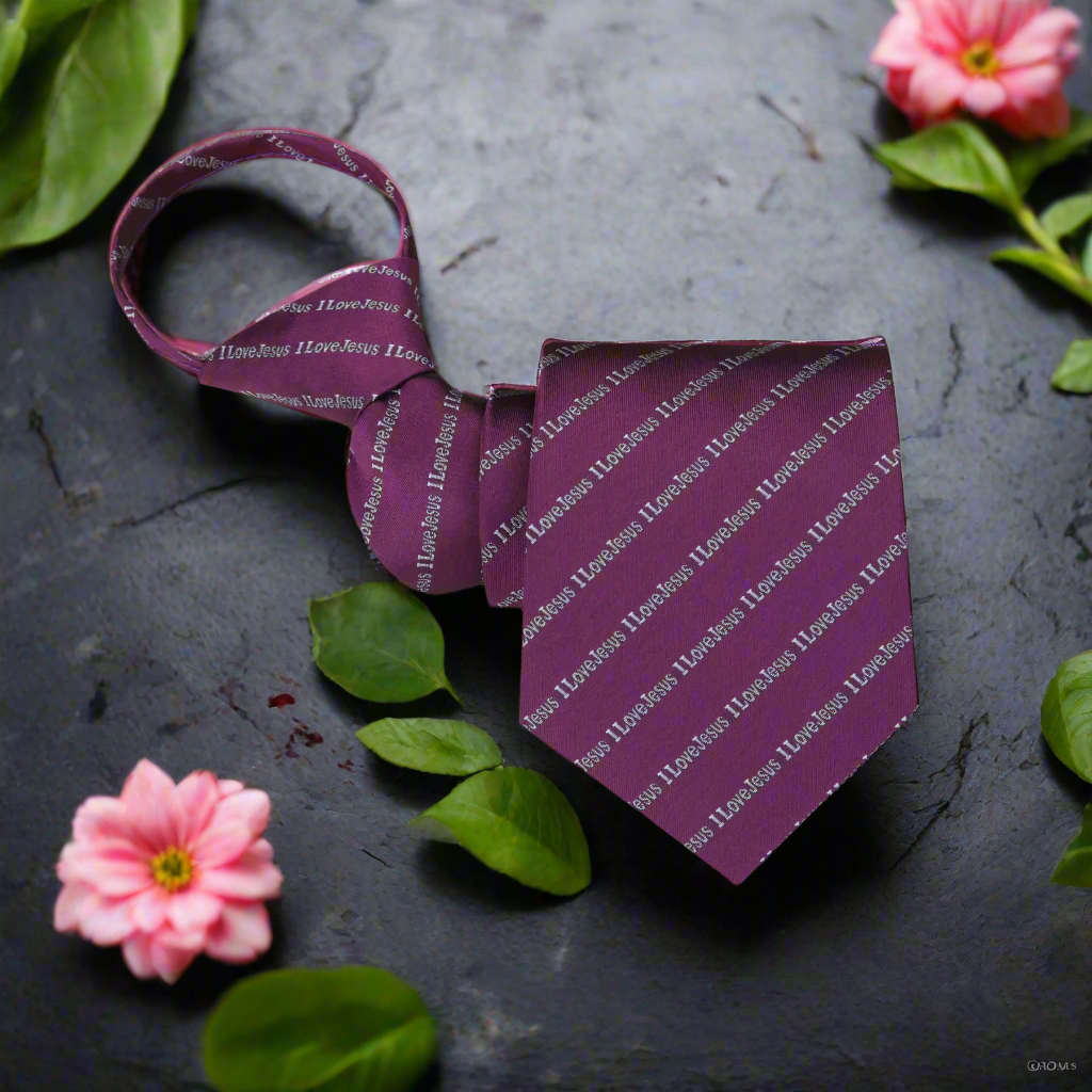 Mulberry Purple and Grey I love Jesus Zipper Tie