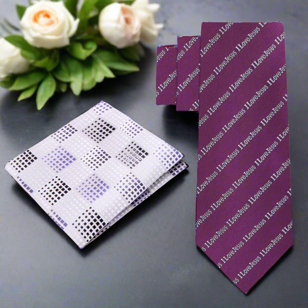 Alt View: Mulberry Purple and Grey I love Jesus Tie and Accenting Light Grey and Black Geometric Square