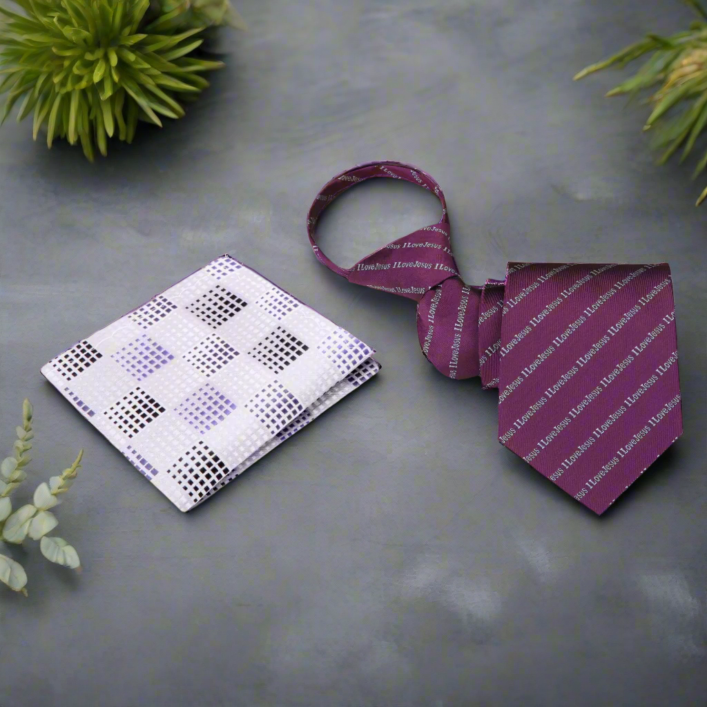 Alt View Zipper Tie Mulberry Purple and Grey I love Jesus Tie and Accenting Light Grey and Black Geometric Square
