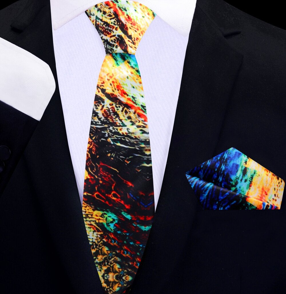 Thin tie Blue, Yellow, Orange, Brown, Green abstract tie and square