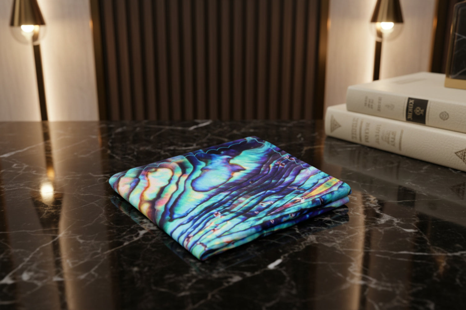 view 2 Black, pink, blue, purple, green, yellow agate stone pattern pocket square