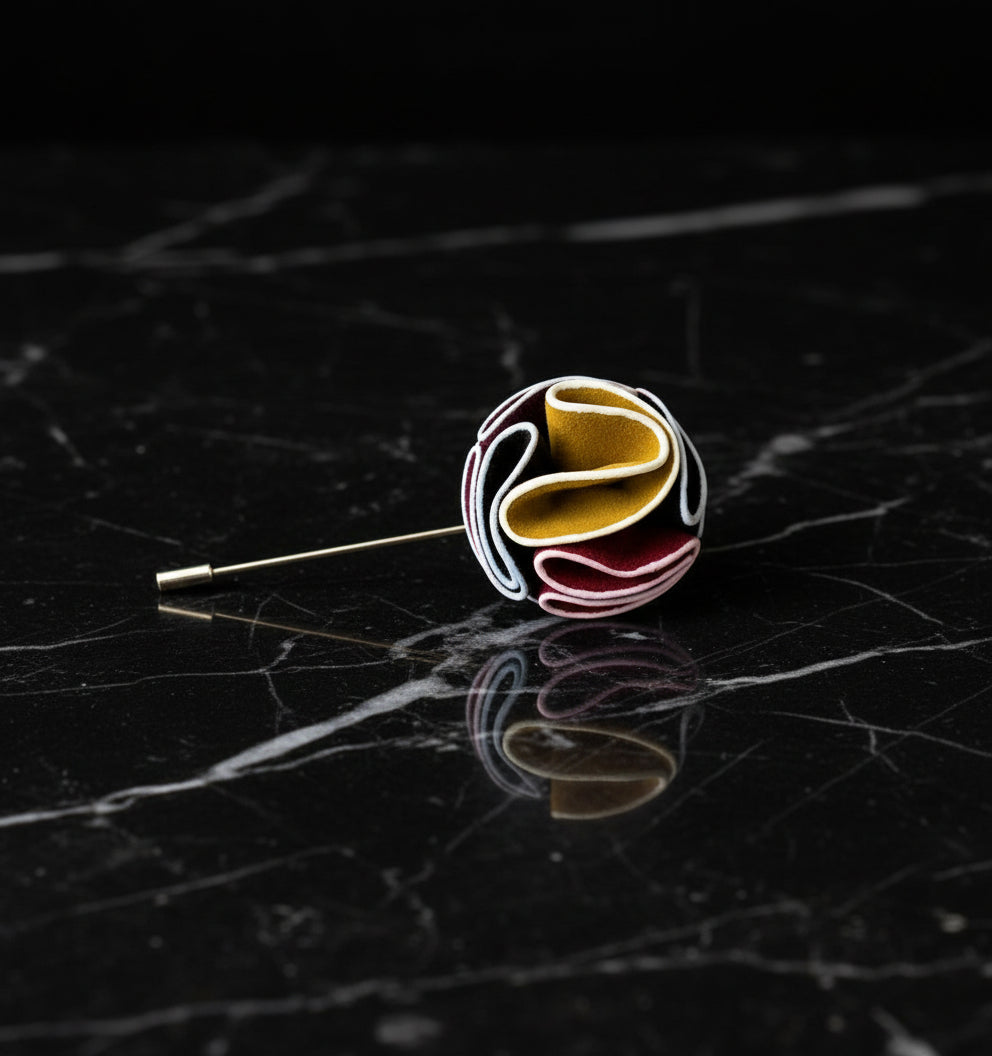 A Burgundy, Yellow, Brown Leafy Petal Flower Shaped Lapel Pin||Multi