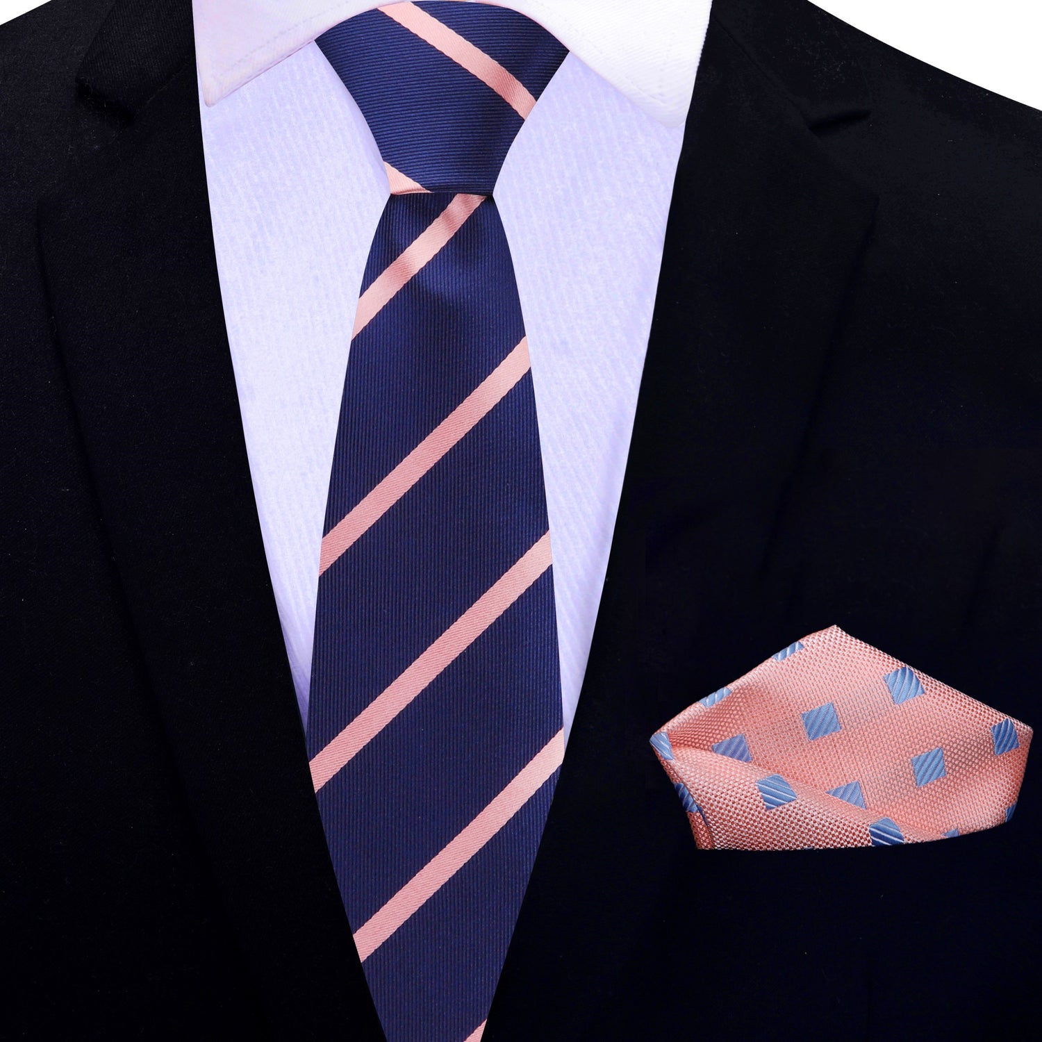 Thin Tie: Navy Blue with Salmon Stripe Tie and Salmon Light Blue Squares Square