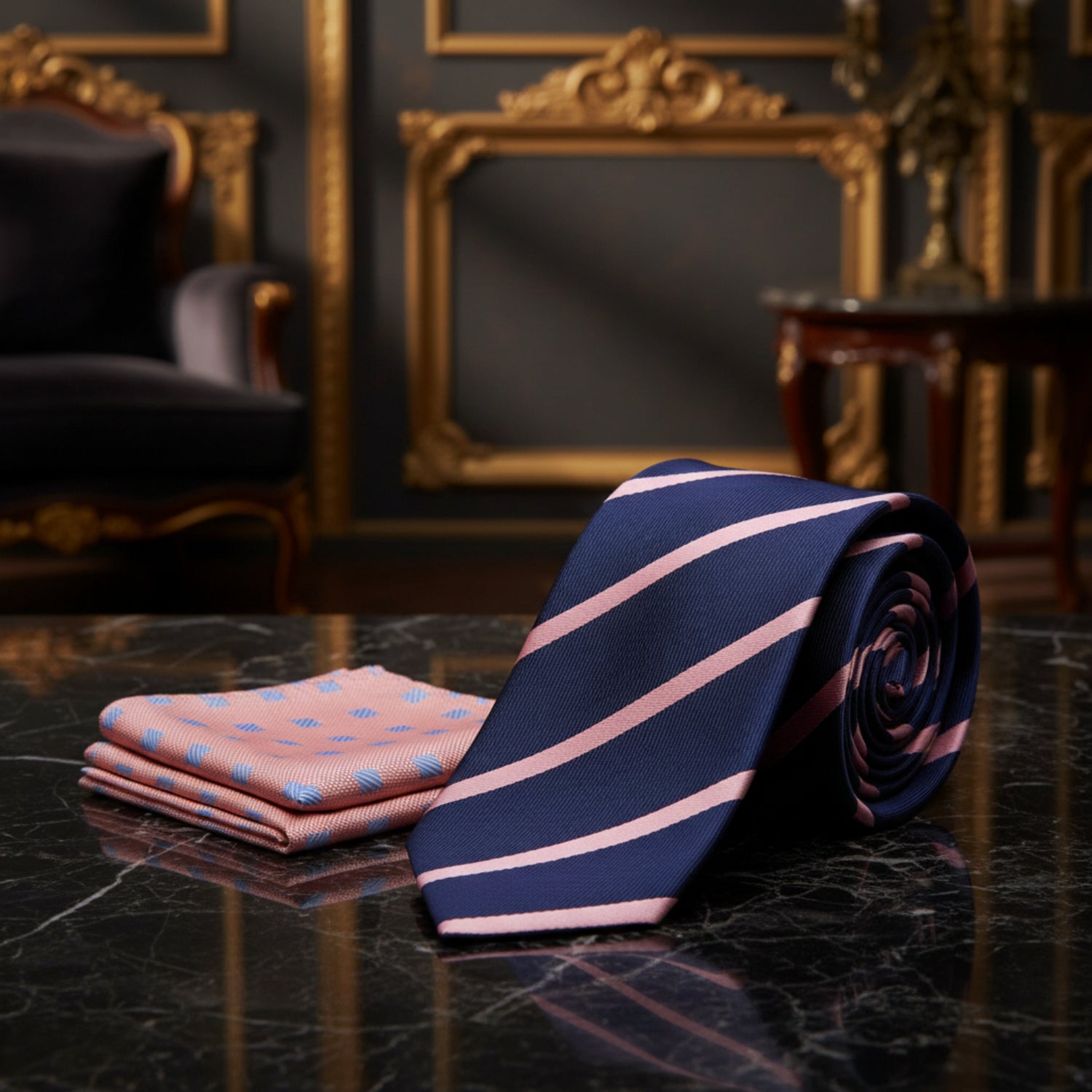 Alt View: Navy Blue with Salmon Stripe Tie and Salmon Light Blue Squares Square