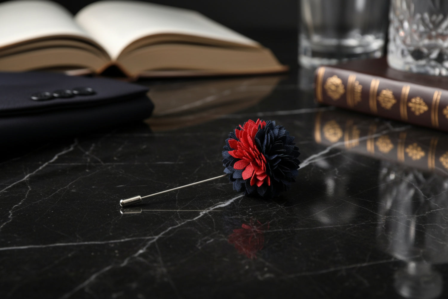 Main View: A Blue, Red Thin Petal Lapel Flower