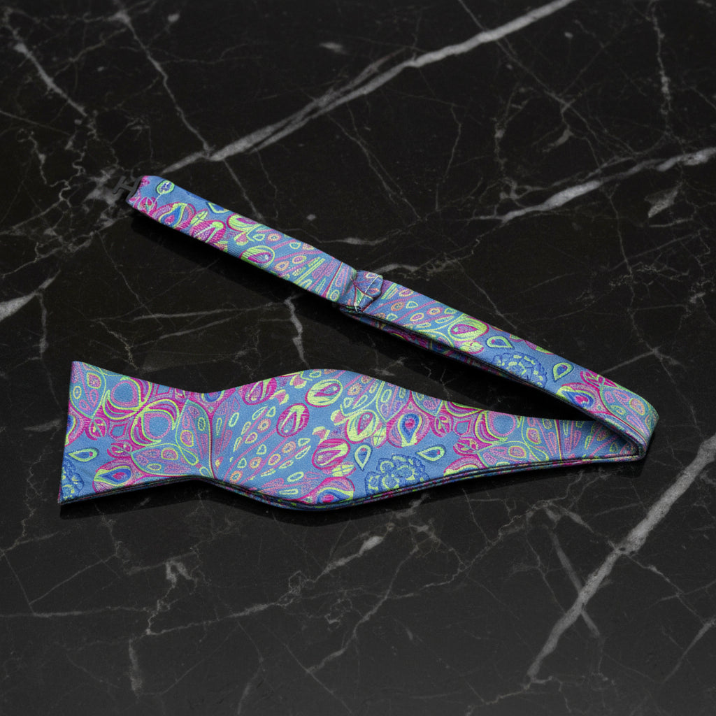 A Neon Blue, Yellow, Pink Abstract Peacock Feather Pattern Self Tie Bow Tie Untied