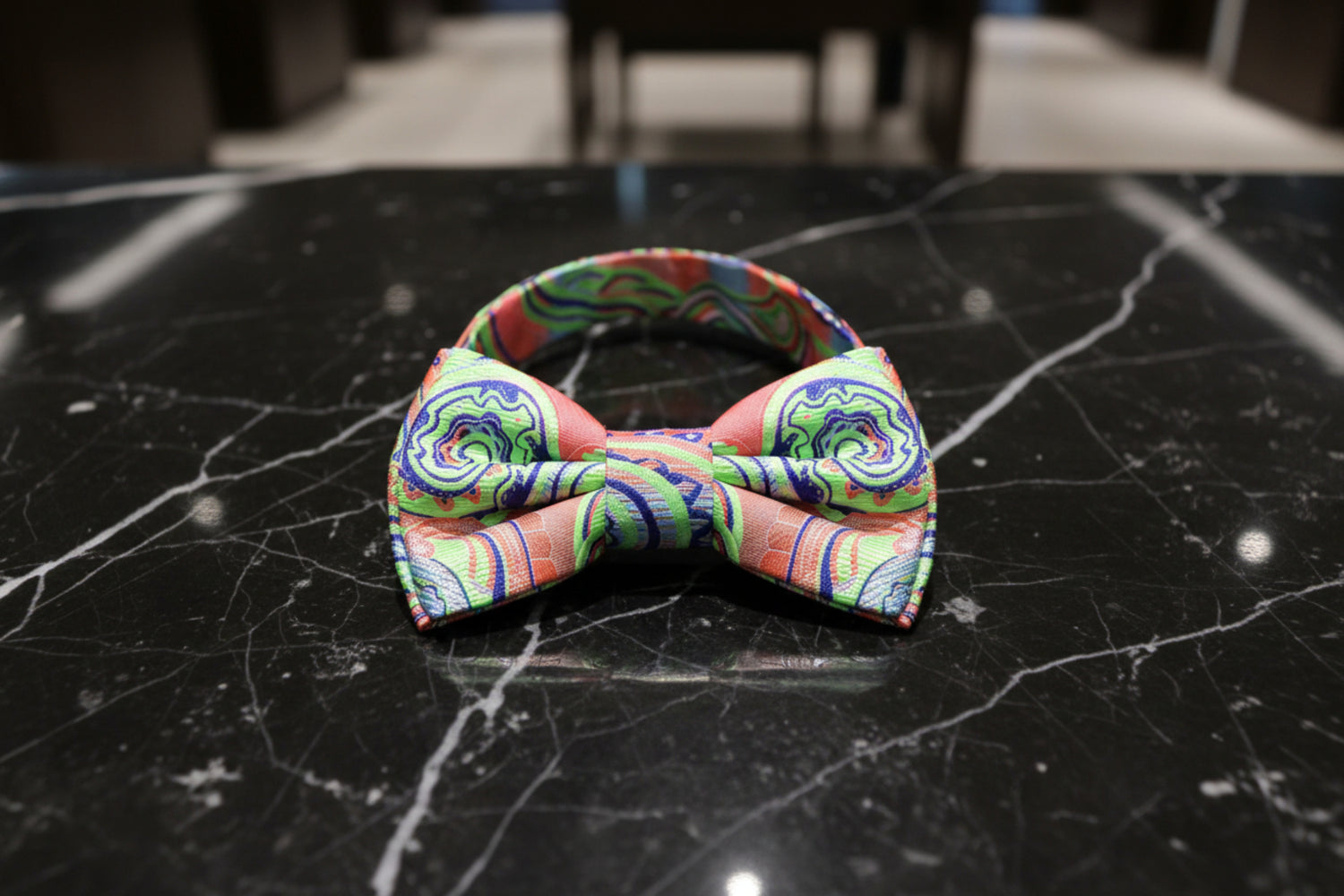 A Peach, Bright Green Pattern Bow Tie Pre Tied