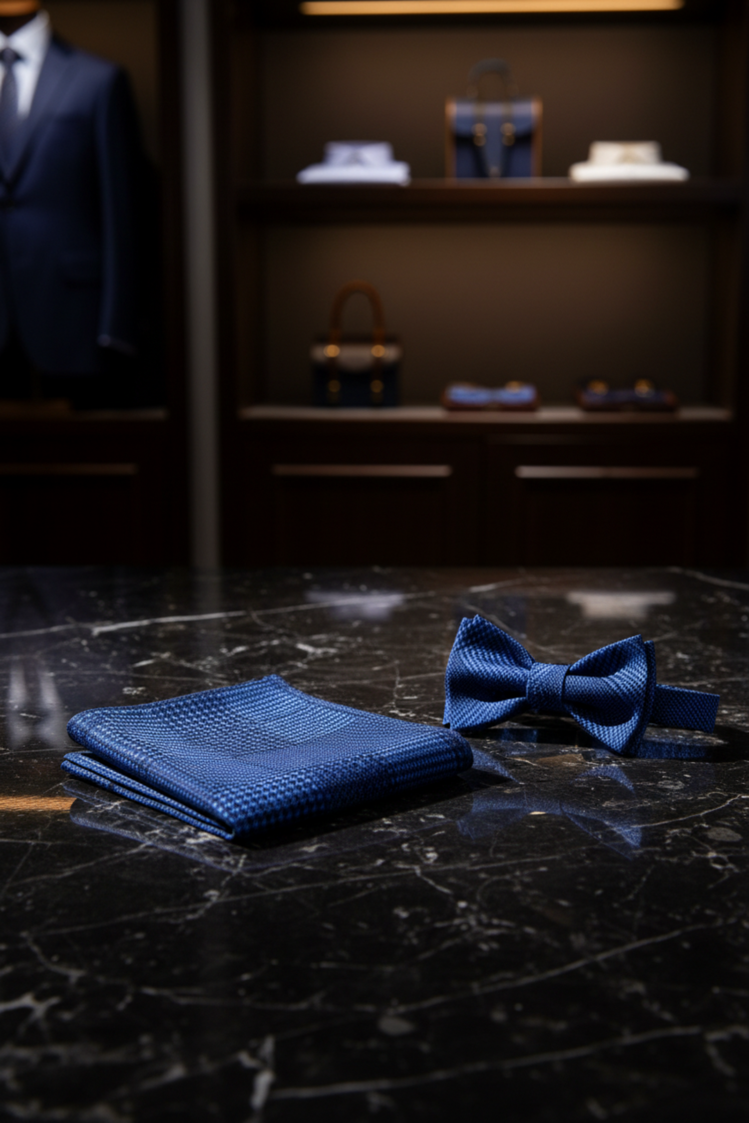 A Blue, Dark Blue Color With Hounds-tooth Pattern Pre-Tied Bow Tie, Matching Pocket Square 