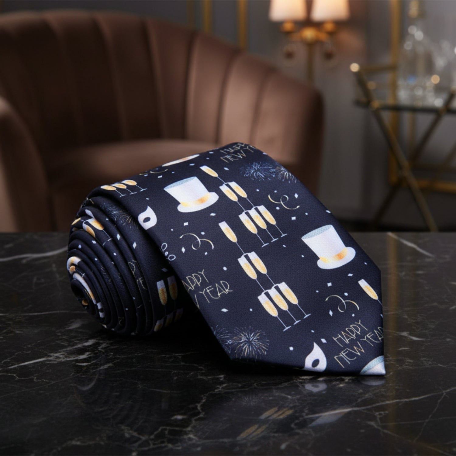 Black, Gold, White Happy New Year Tie  
