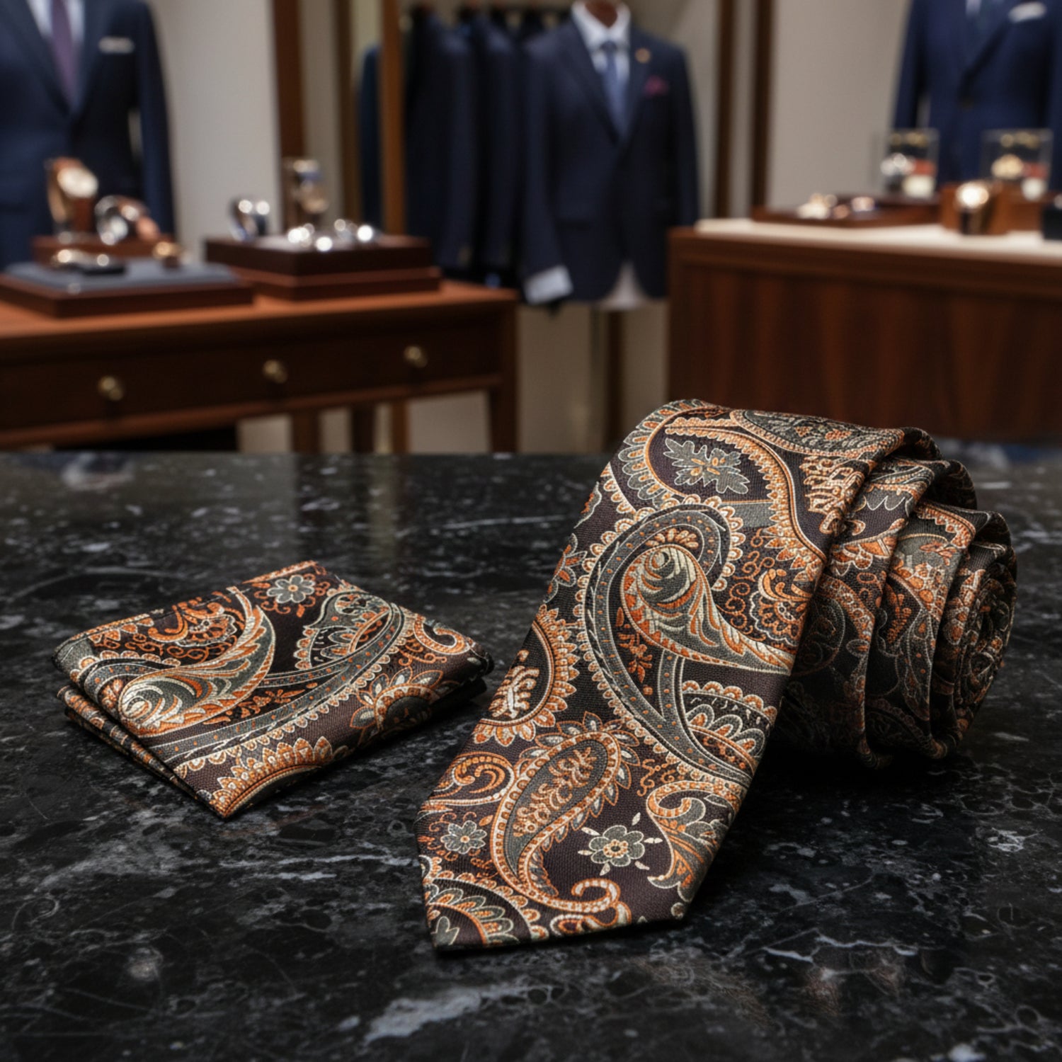 Alt View: Shades of Brown No Check Mahogany Paisley Silk Necktie and Square