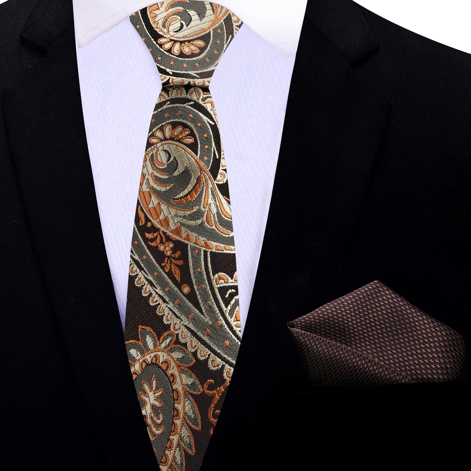Brown, Copper & Grey Paisley Necktie Collection with Pocket Square Option