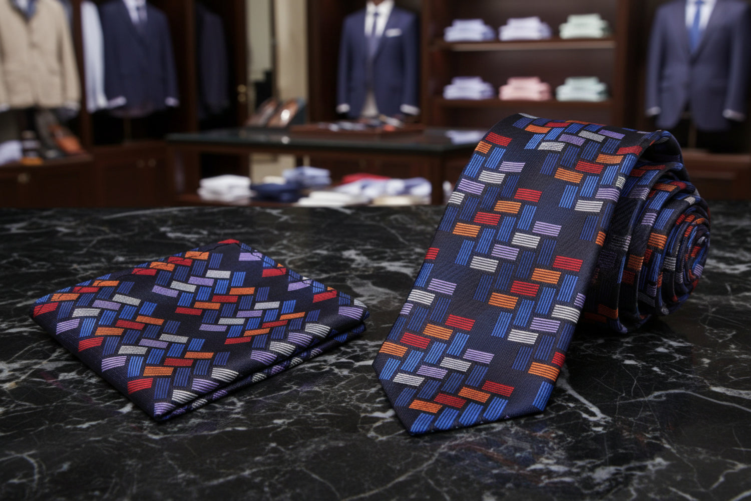 Alt View: Red, Blue, Orange Blocks Tie and Pocket Square
