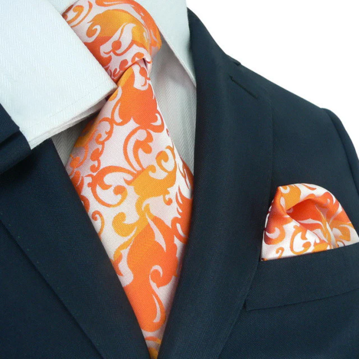 A Orange, Light Orange Vine Floral Pattern Necktie, Matching Pocket Square