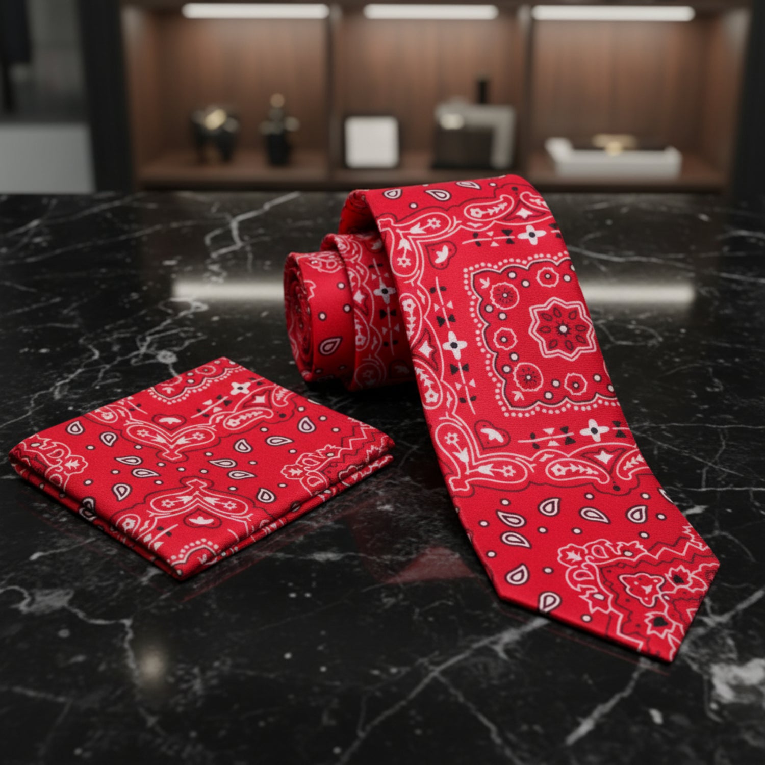 Red, White and Black Paisley Necktie and handkerchief