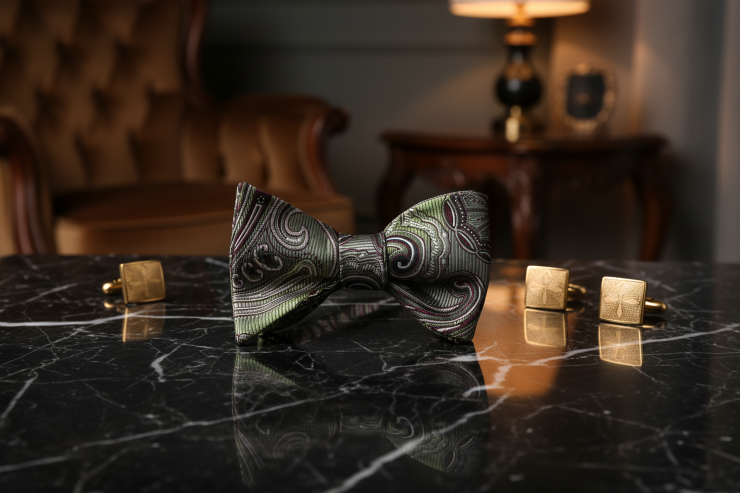 A Green, Burgundy Paisley Pattern Bow tie 