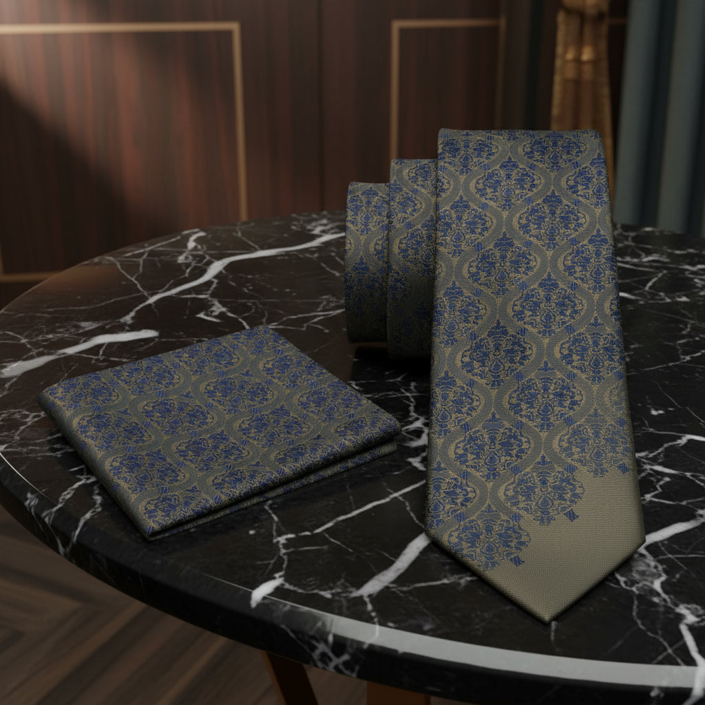 Alt View: Deep Olive Green, Deep Blue Abstract Tie and Pocket Square