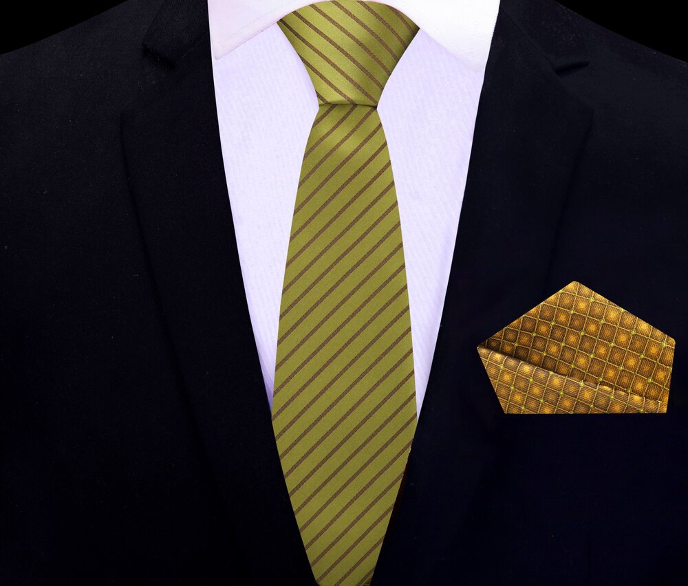 Thin Tie: Olive Green, Brown, Gold Stripe Necktie and Pocket Square||Olive