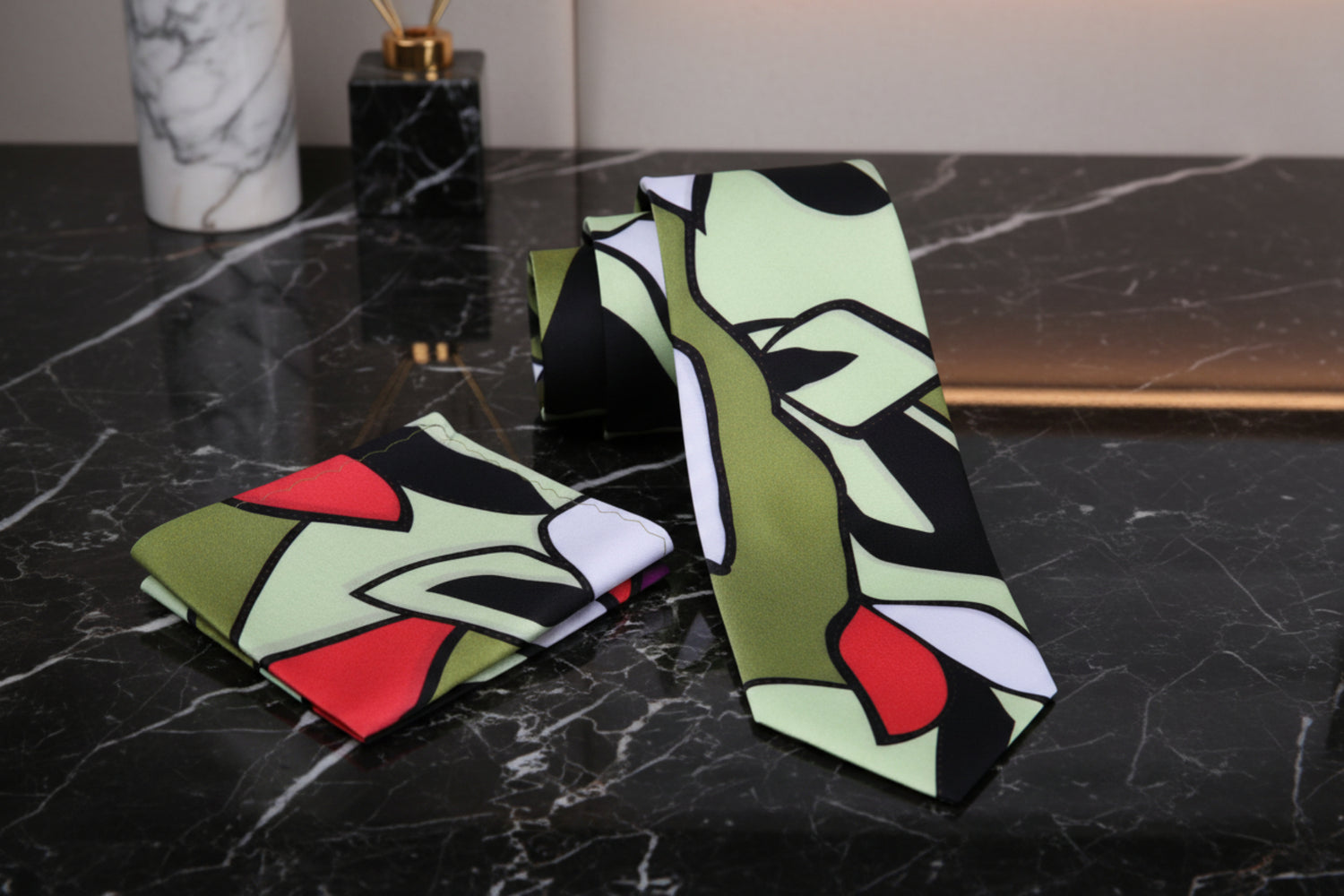 Alt View: A Yellow, Red, White, Black Fleck Abstract Pattern Pattern Necktie, Matching Pocket Square