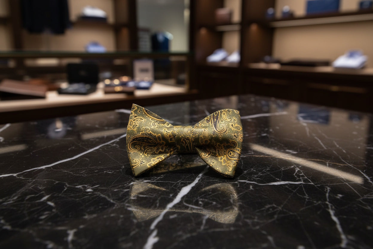 A Olive, Gold Paisley Pattern Silk Self Tie Bow Tie 
