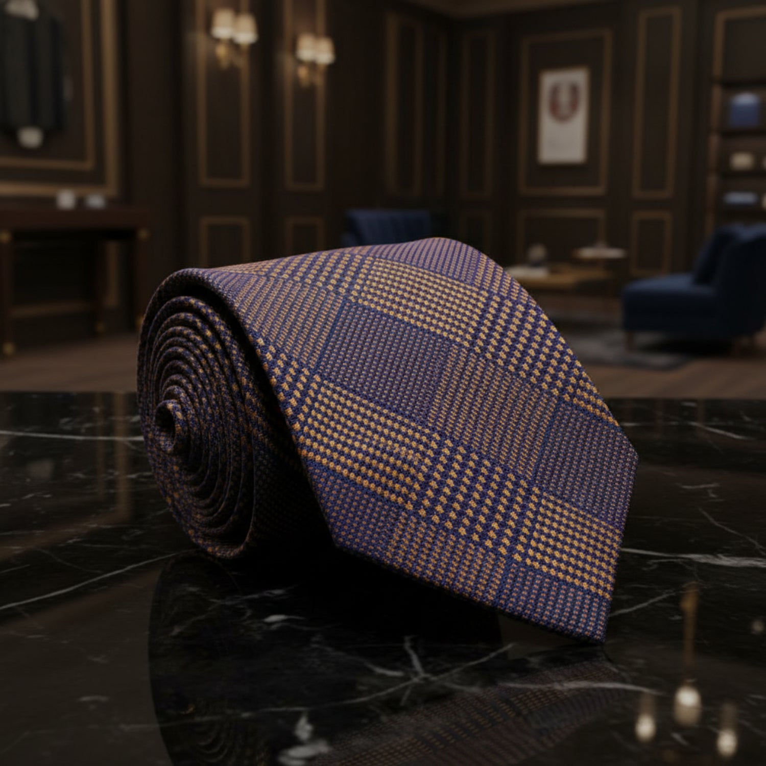 A Dark Blue With Orange Geometric Pattern Necktie