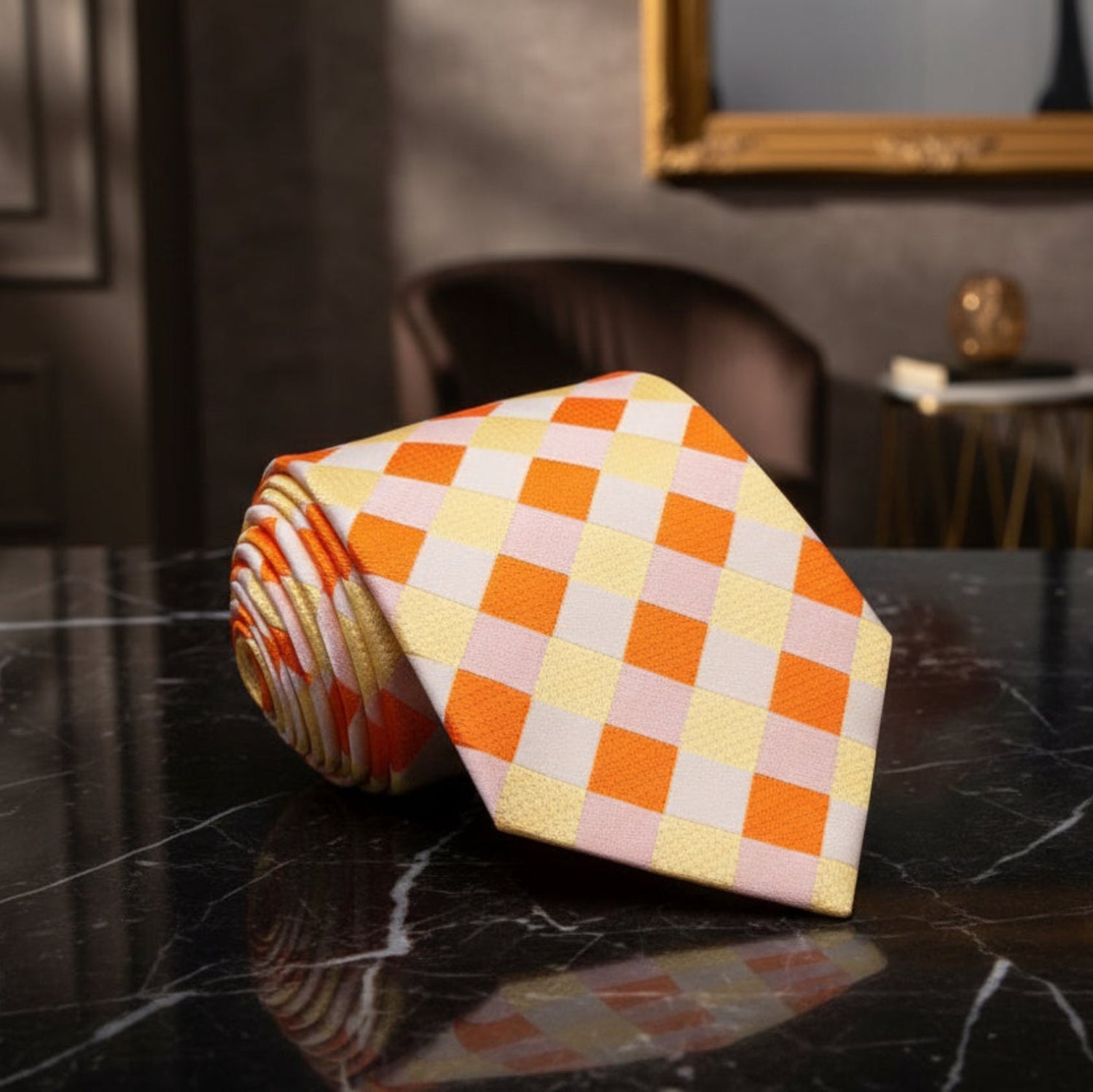 A Light Orange, Orange Check Pattern Necktie