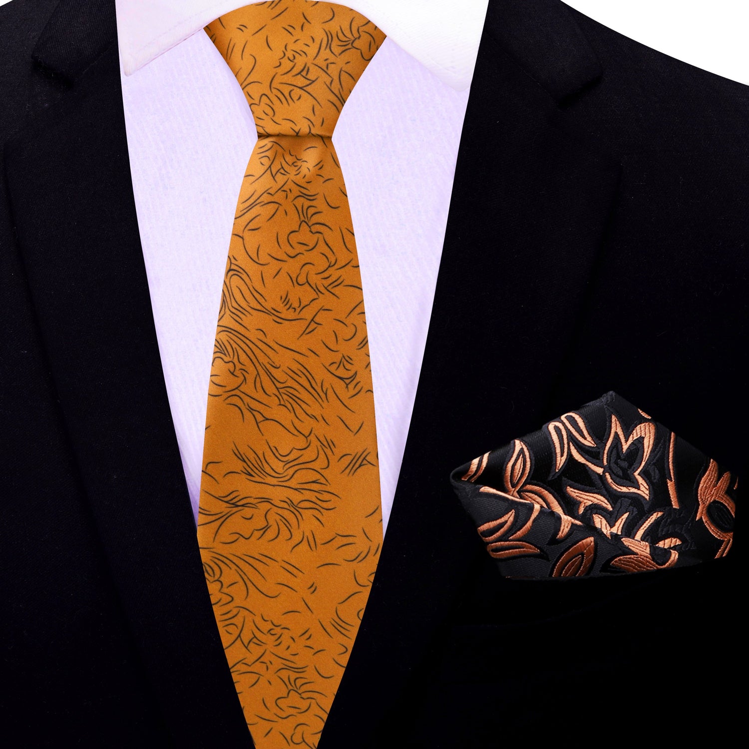 Thin Tie: Orange, Black Abstract Lines Tie and Black, Orange Floral Square