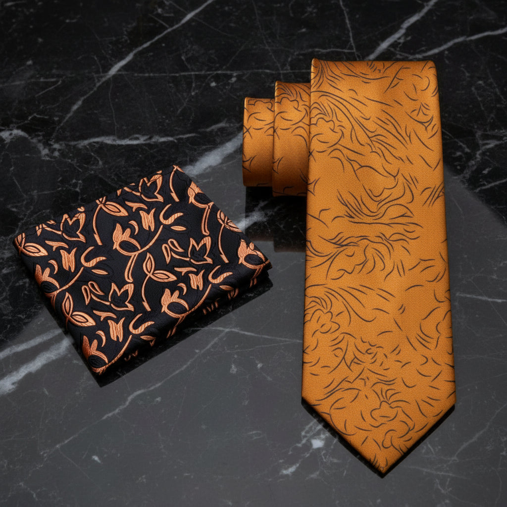 Alt View: Orange, Black Abstract Lines Tie and Black, Orange Floral Square