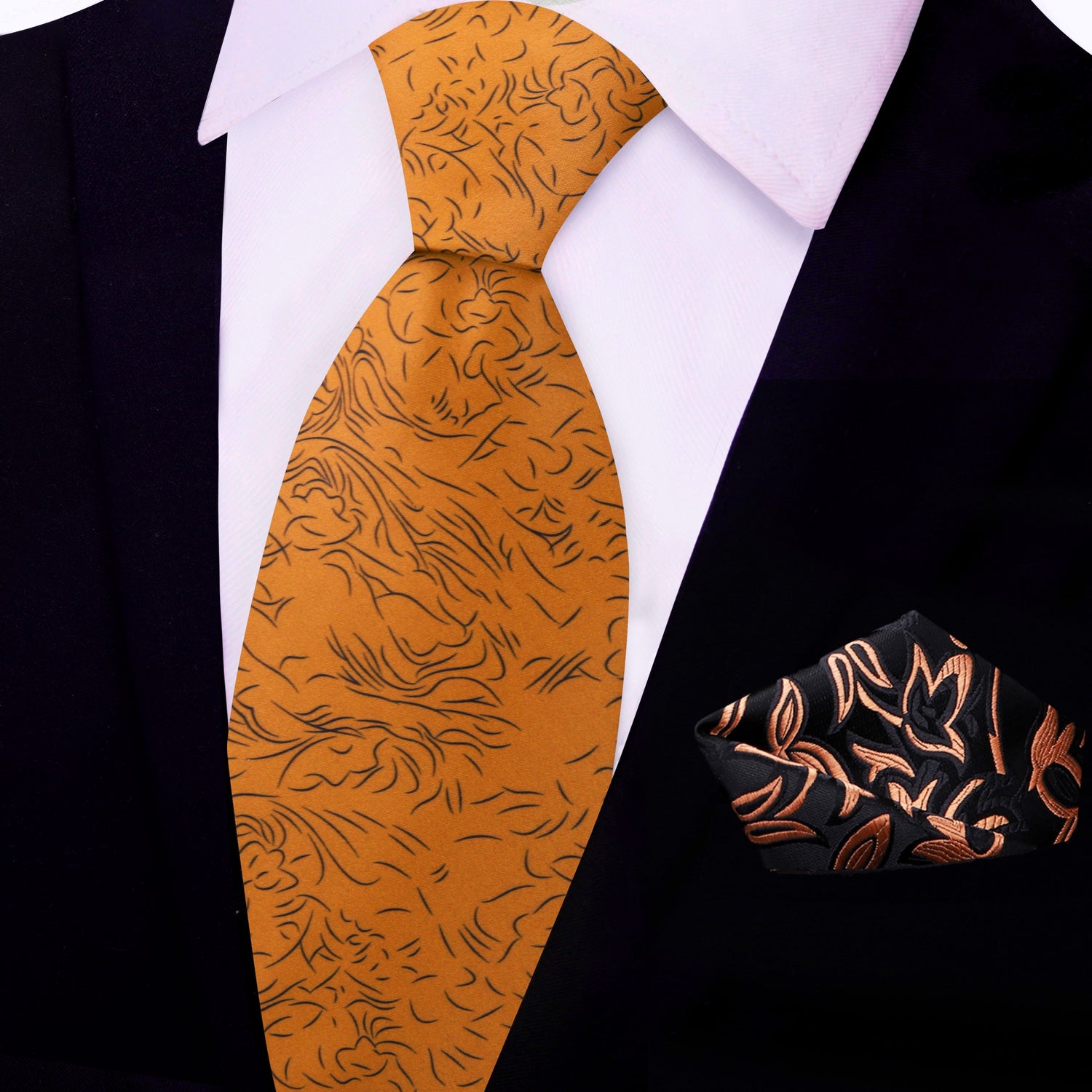 View 2: Orange, Black Abstract Lines Tie and Black, Orange Floral Square