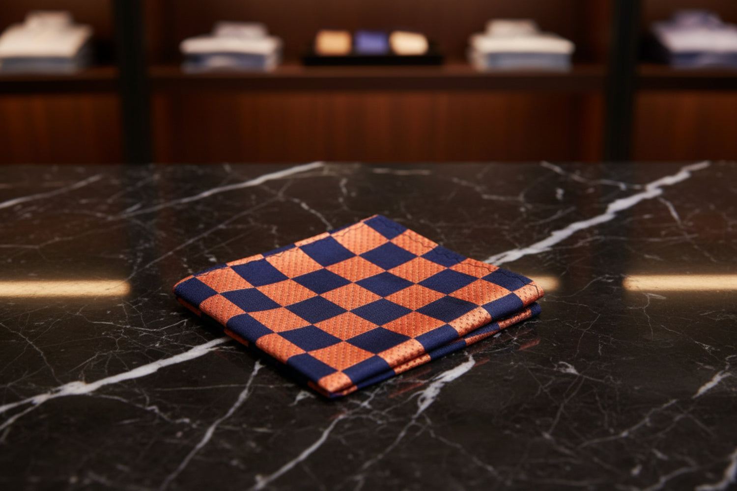 A Orange, Black Geometric Squares Pattern Pocket Square|