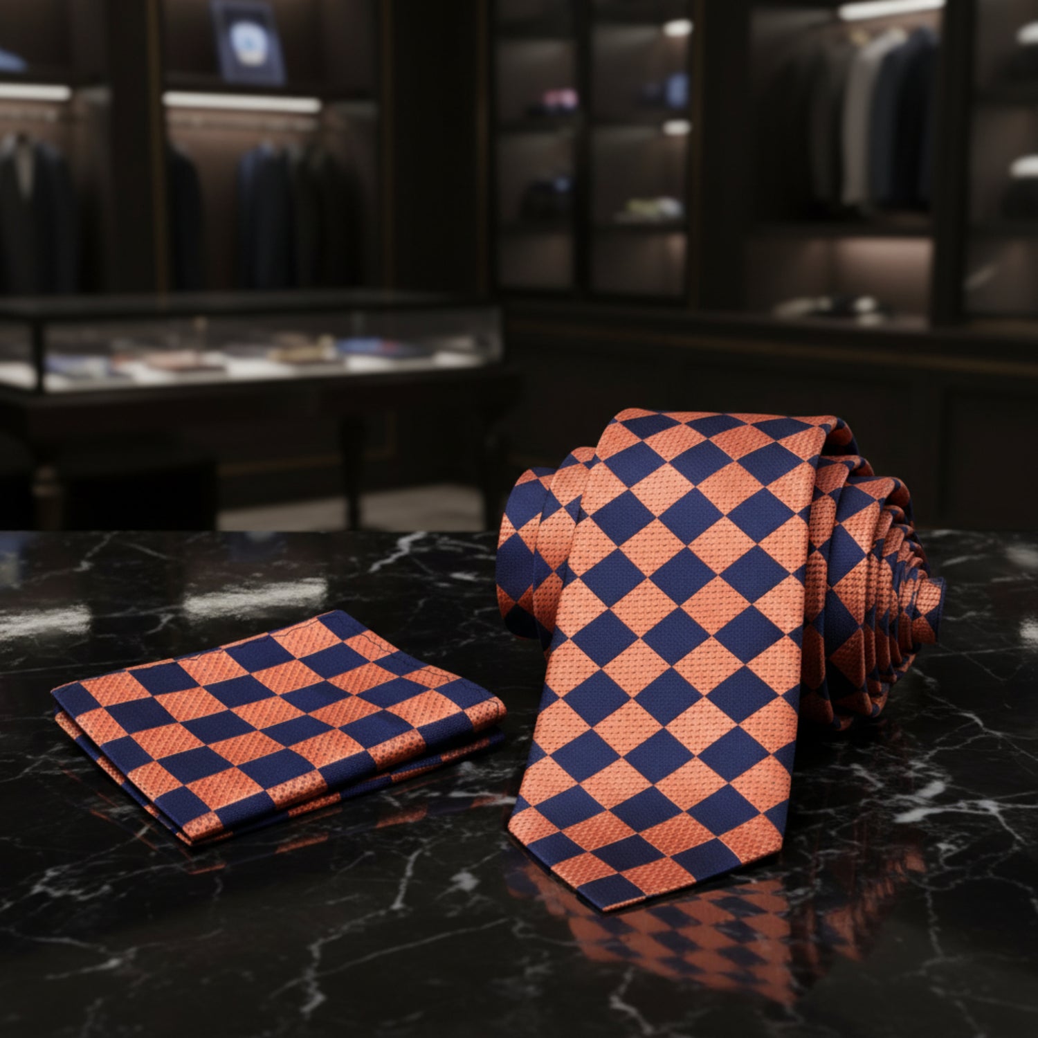 Alt View: Orange, black geometric tie and pocket square