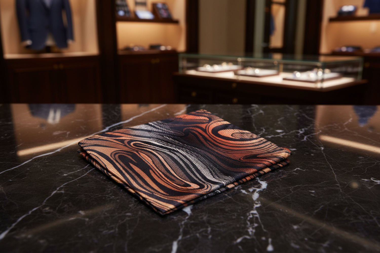 A Black, Orange, Grey Abstract Fire Pattern Pocket Square