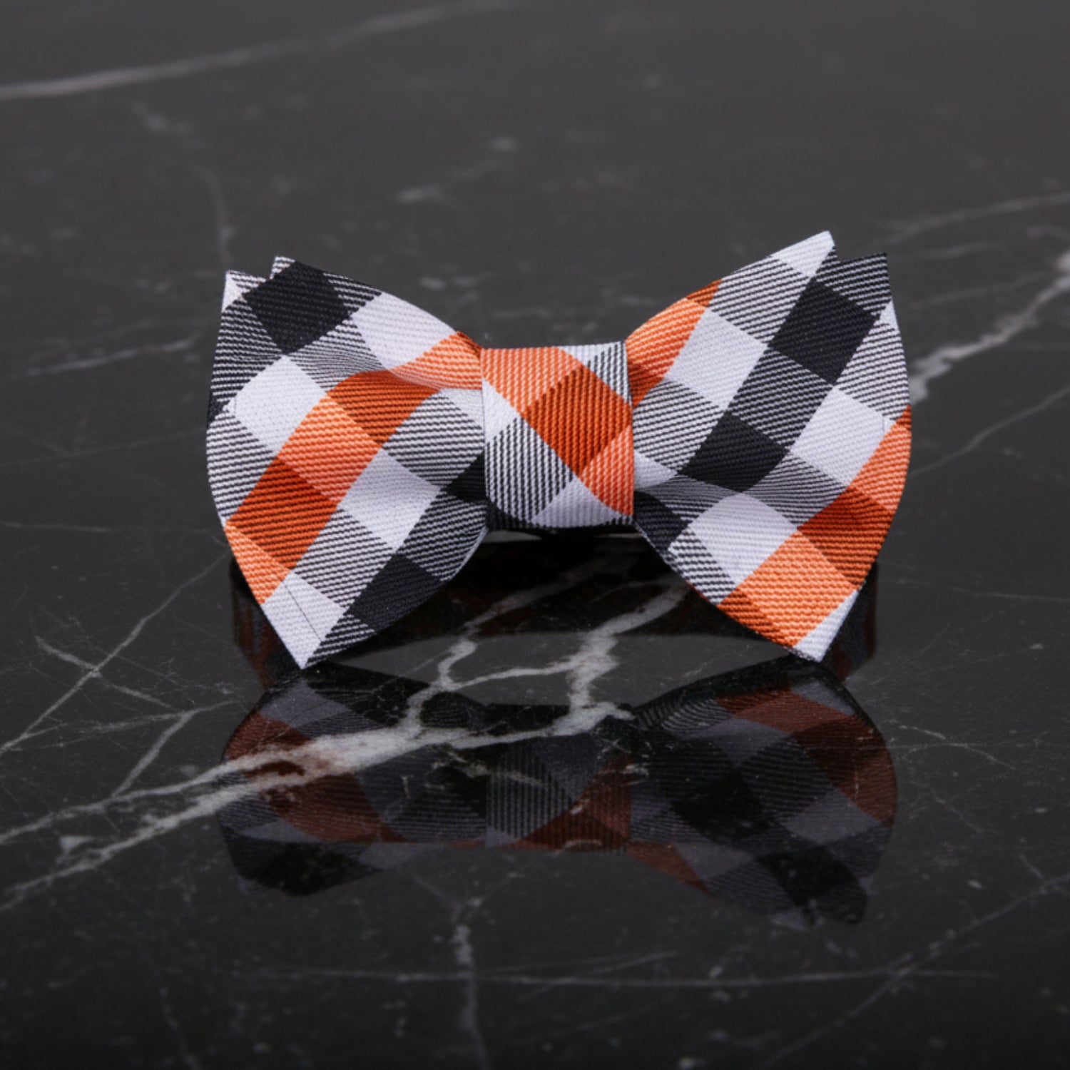 A Orange, Black, White Geometric Diamond Pattern Self Tie Bow Tie 