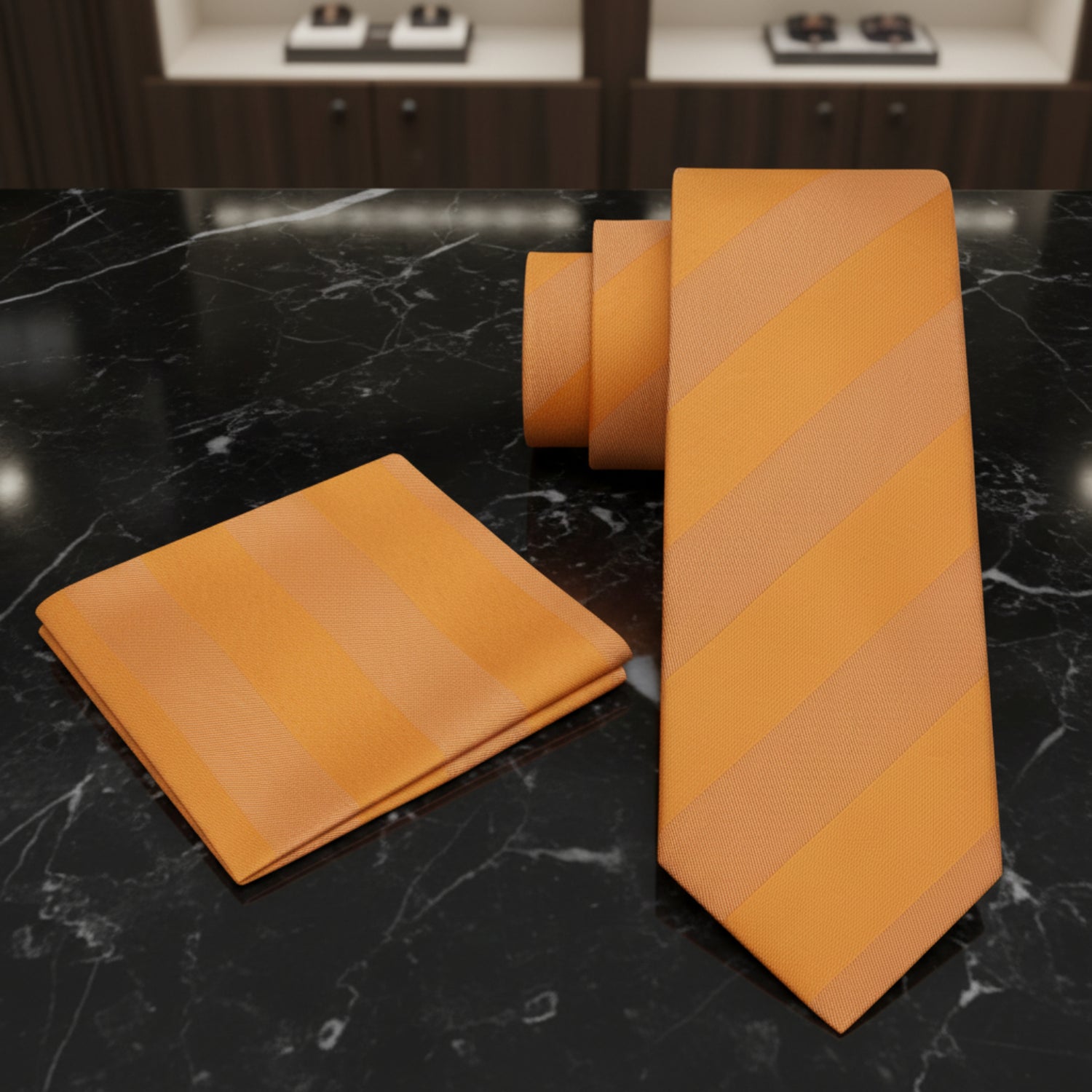View 2: Rich Orange Block Stripe Tie with Matching Pocket Square