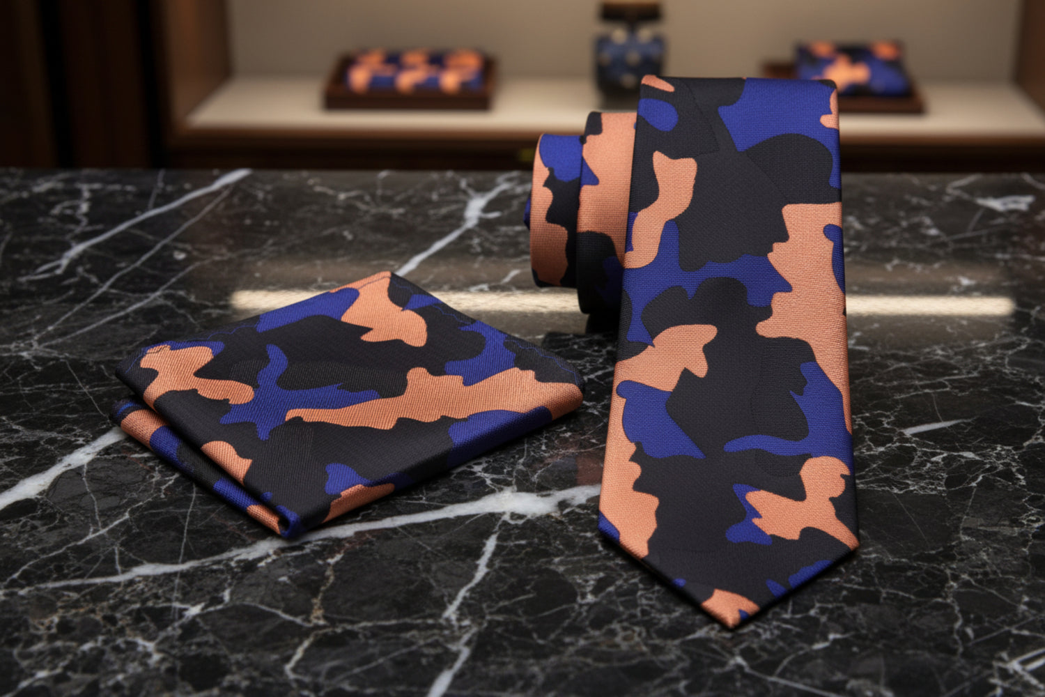 Alt View: A Orange, Blue, Black Color Camouflage Fleck Pattern Necktie, Matching Pocket Square