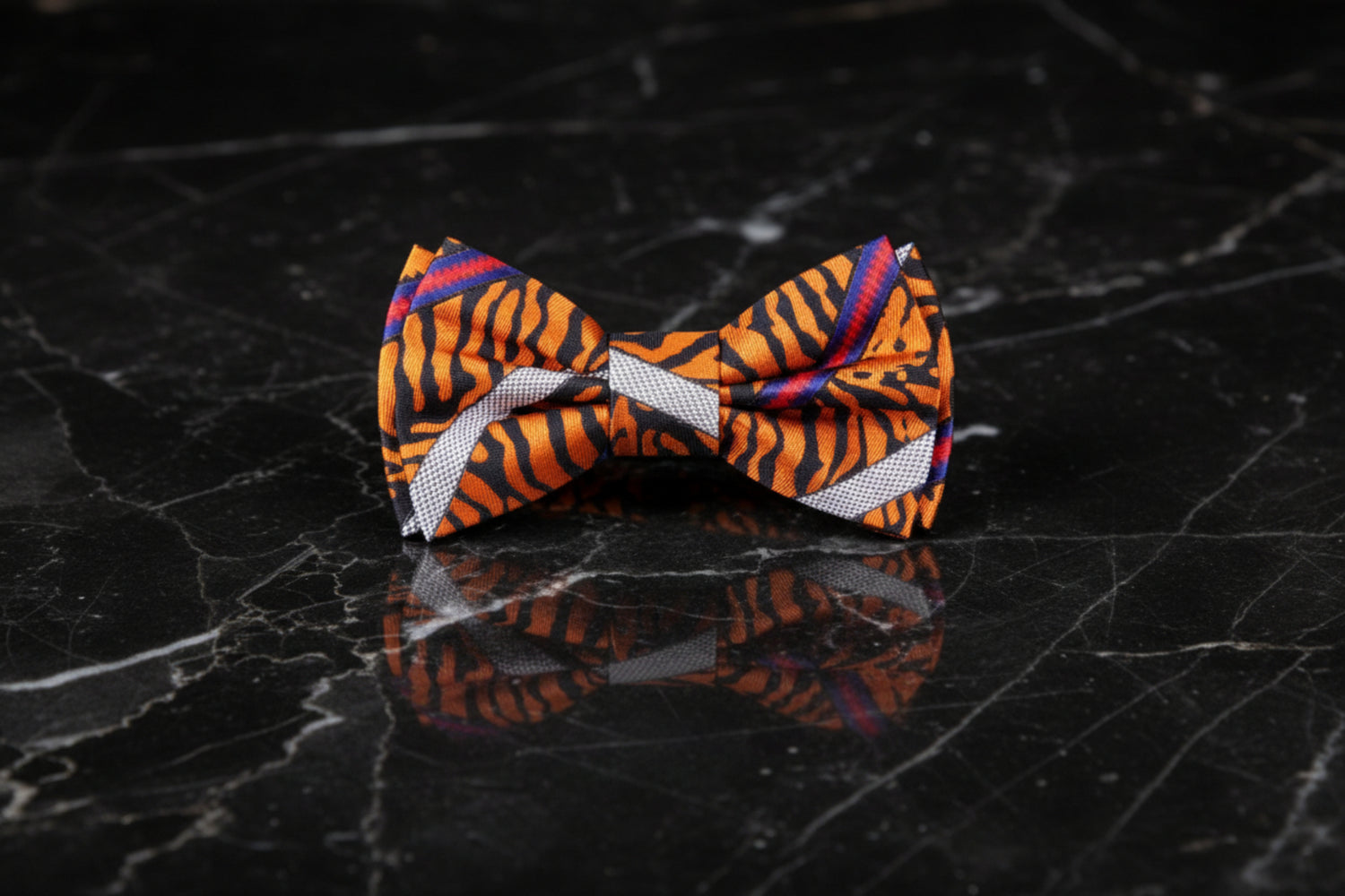 Orange Blue Grey Red Tiger and Stripe Pattern Bow Tie  