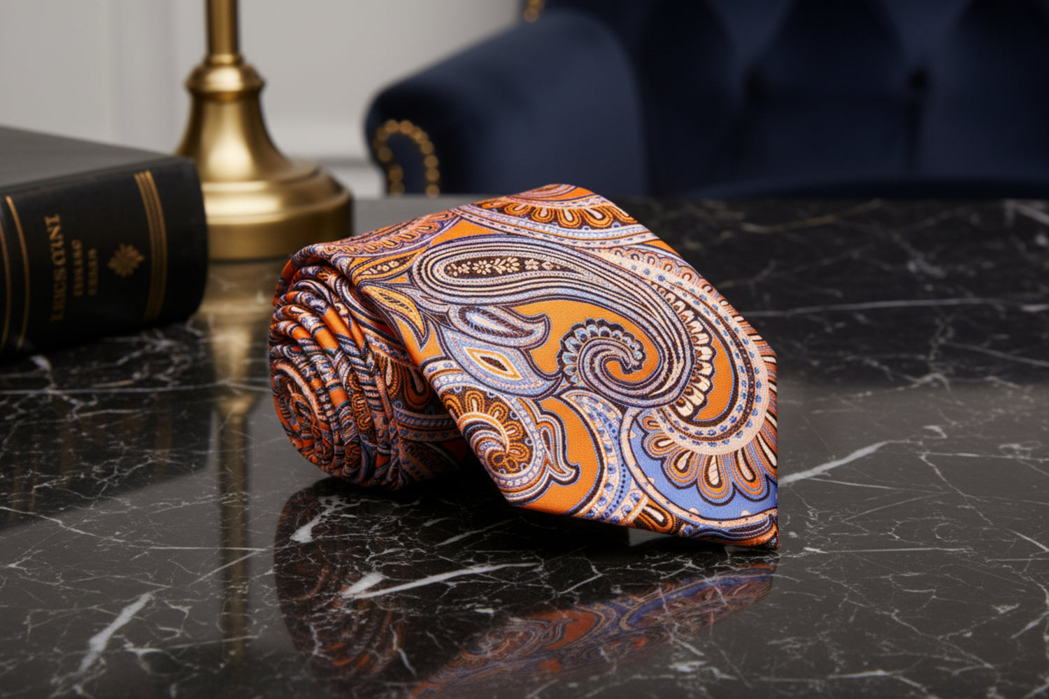 A Orange, White Paisley Pattern Necktie