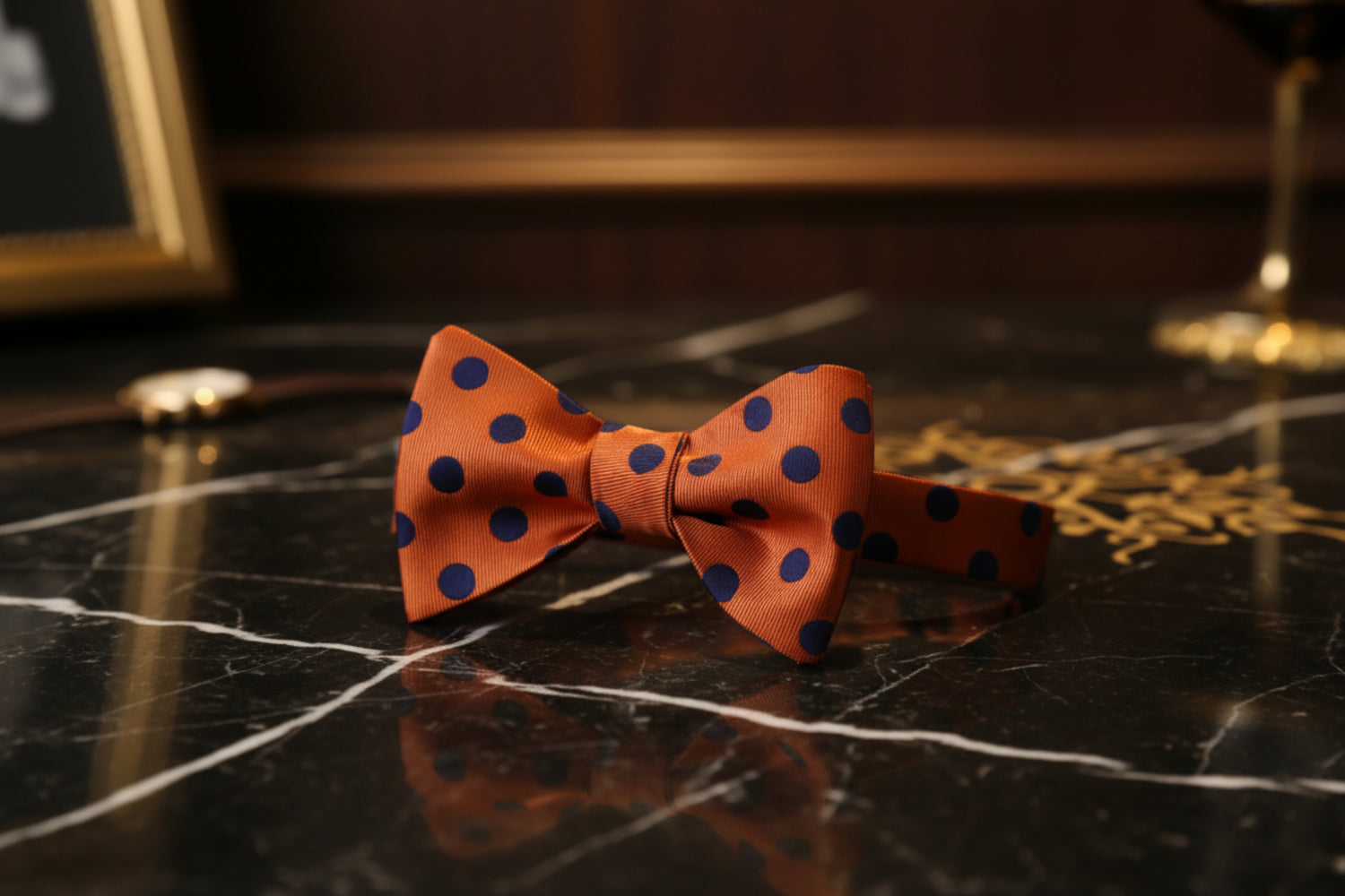 A Orange, Blue Polka Pattern Self Tie Bow Tie Bow Tie 