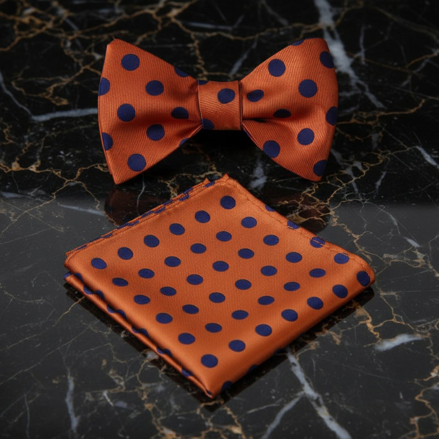 A Orange, Blue Polka Pattern Pre Tied Bow Tie, Matching Pocket Square