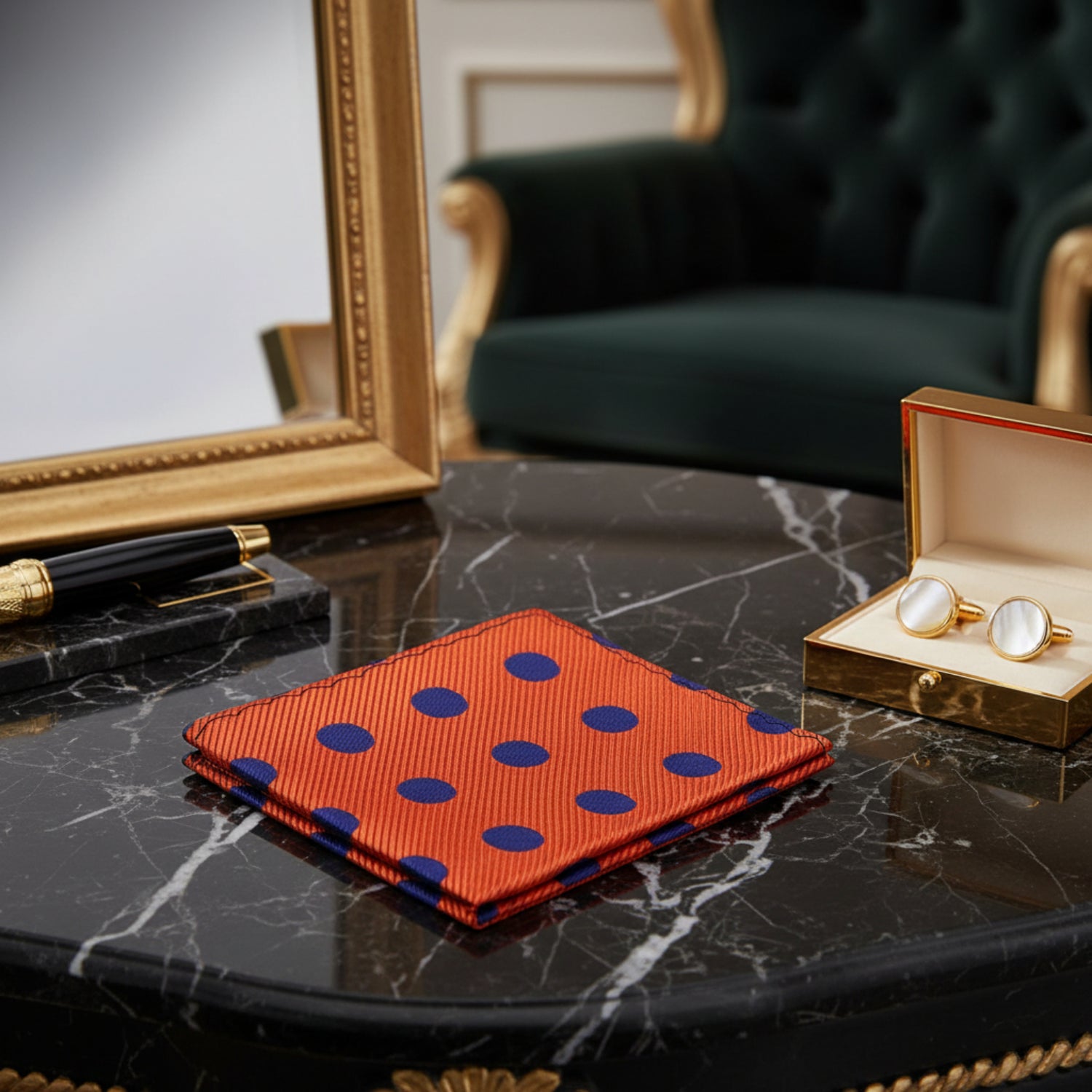 A Orange, Blue Polka Pattern Pocket Square
