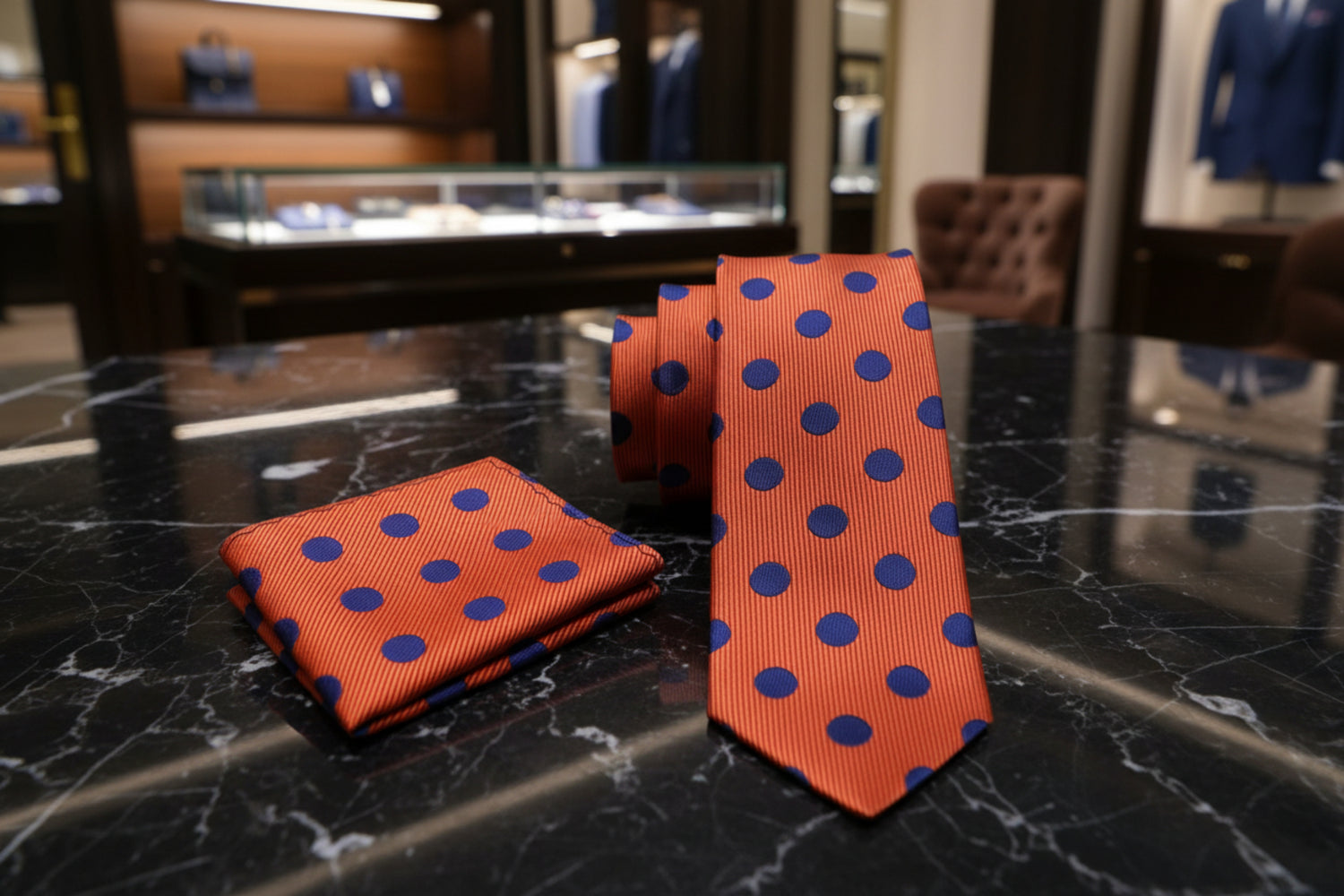 Alt View: A Orange, Blue Polka Dot Pattern Necktie, Matching Pocket Square