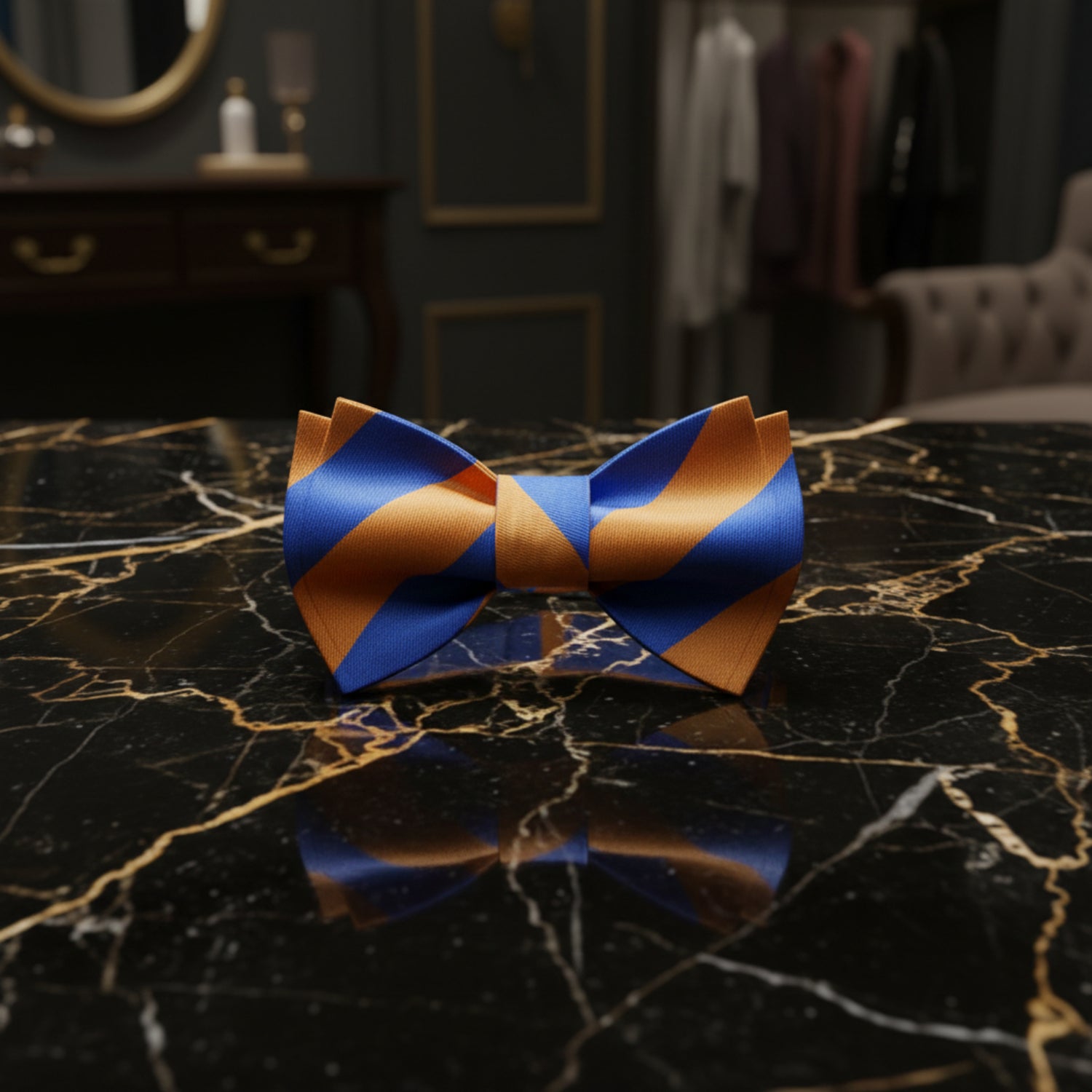 An Orange, Blue Stripe Pattern Silk Self Tie Bow Tie 