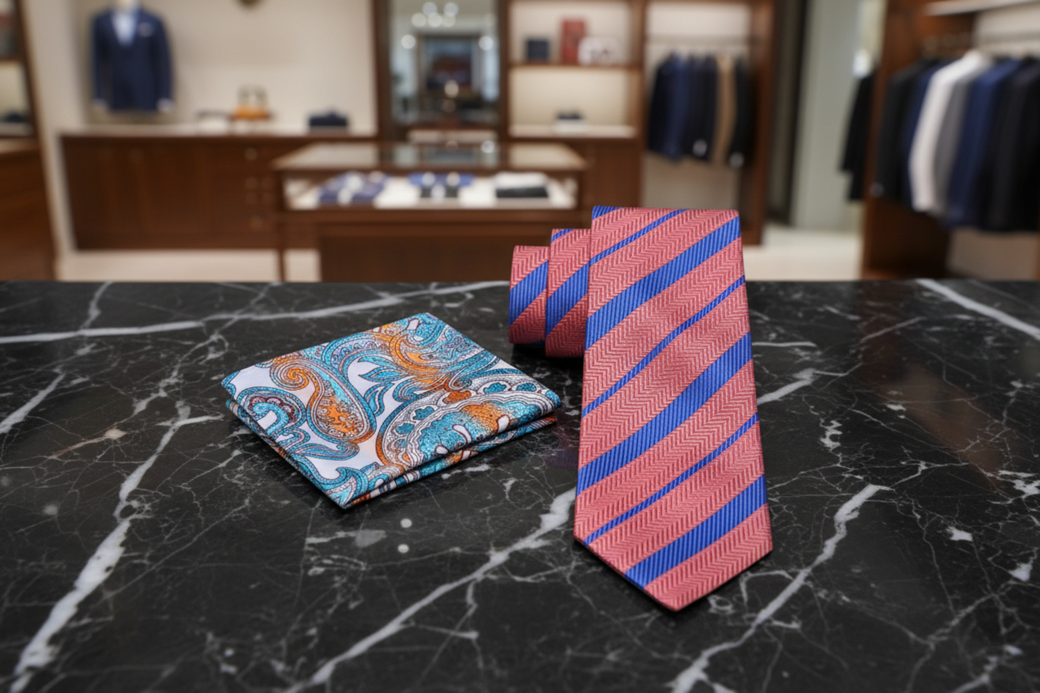 Alt View: Orange Blue Stripe Classy Tie with White Orange Blue Paisley Square