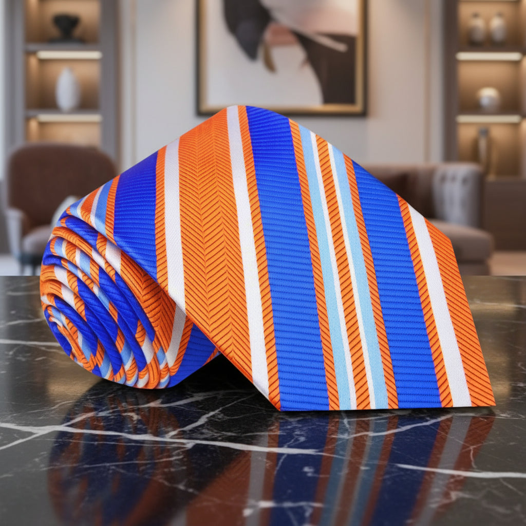 A Orange, Blue, White Stripe Pattern Necktie 