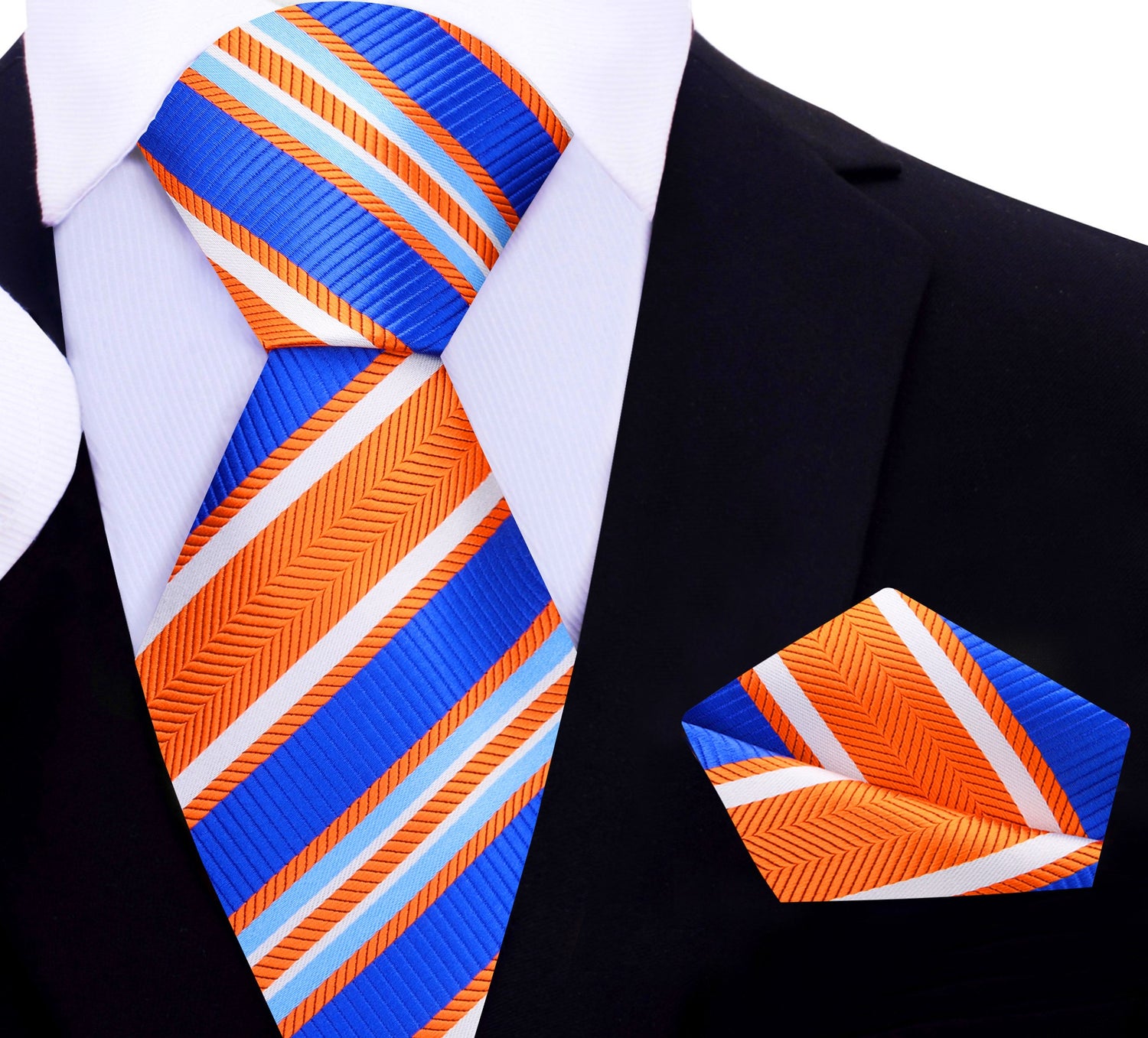 A Orange, Blue, White Stripe Pattern Necktie, Matching Pocket Square