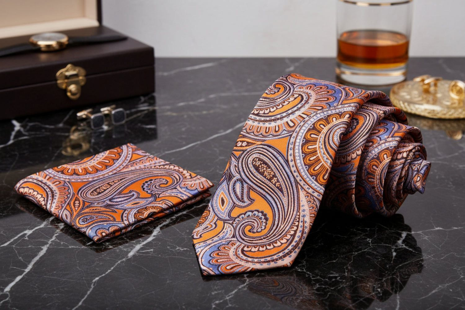 Alt View: A Orange, White Paisley Pattern Necktie, Matching Pocket Square
