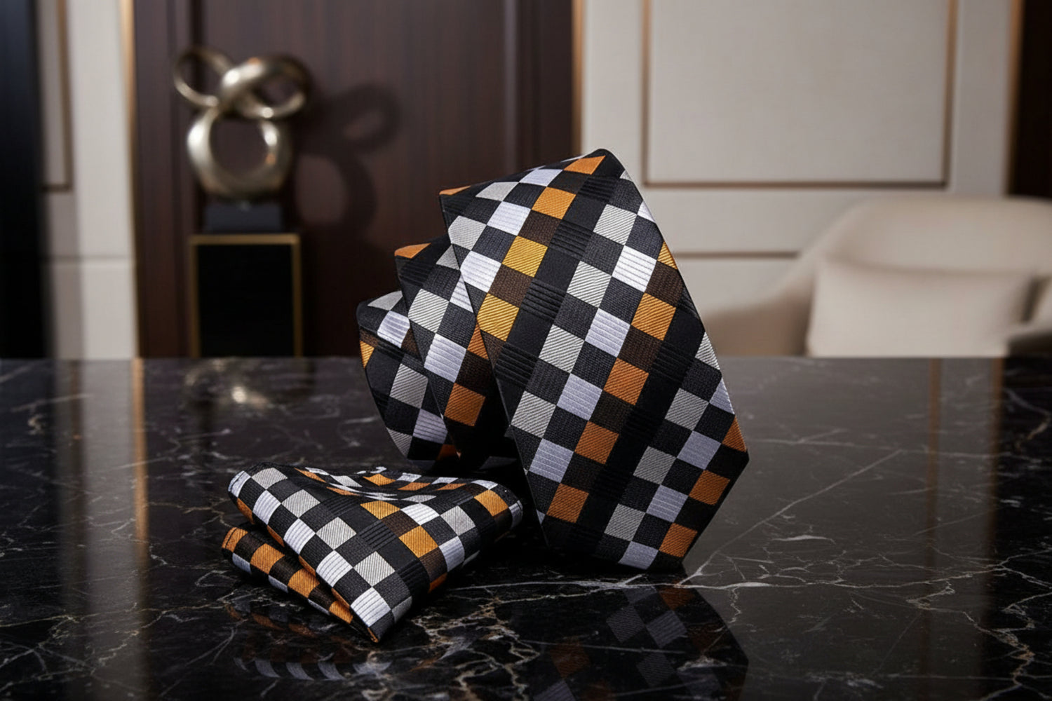 Alt View: A Orange, Brown, Cream Geometric Diamond Pattern Necktie, Matching Pocket Square