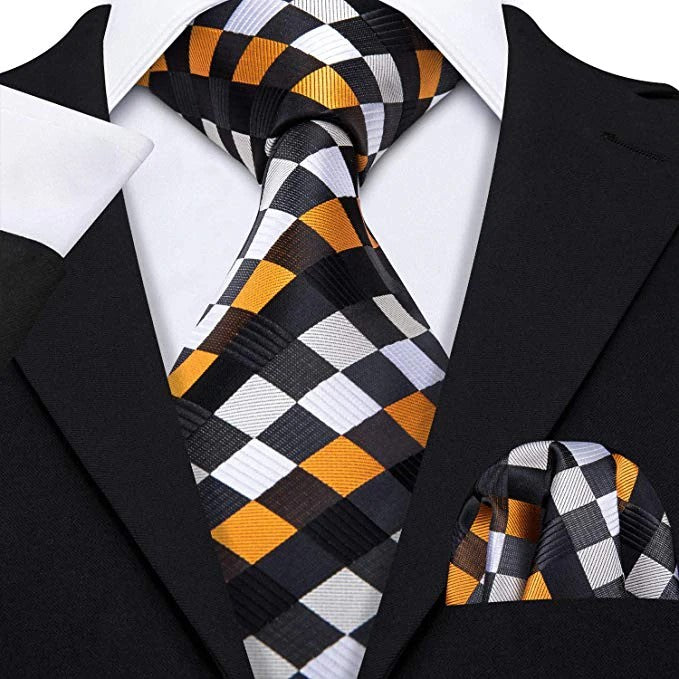 A Orange, Brown, Cream Geometric Diamond Pattern Necktie, Matching Pocket Square