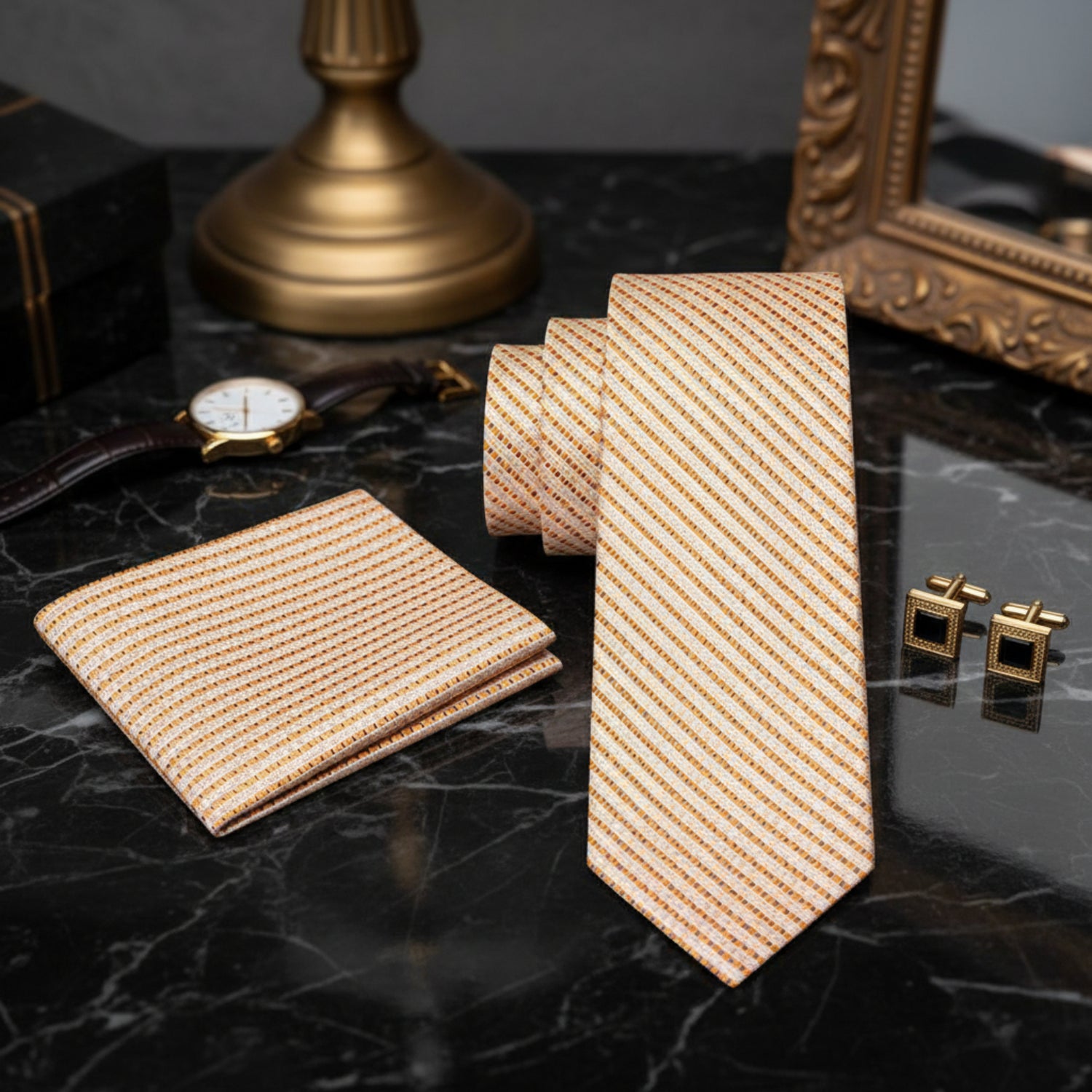 Alt View: Khaki, Brown, Orange Geometric Metallic Perfection Tie and Pocket Square