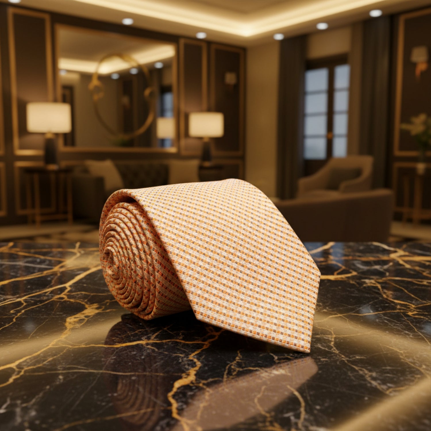 Khaki, Brown, Orange Geometric Metallic Perfection Tie